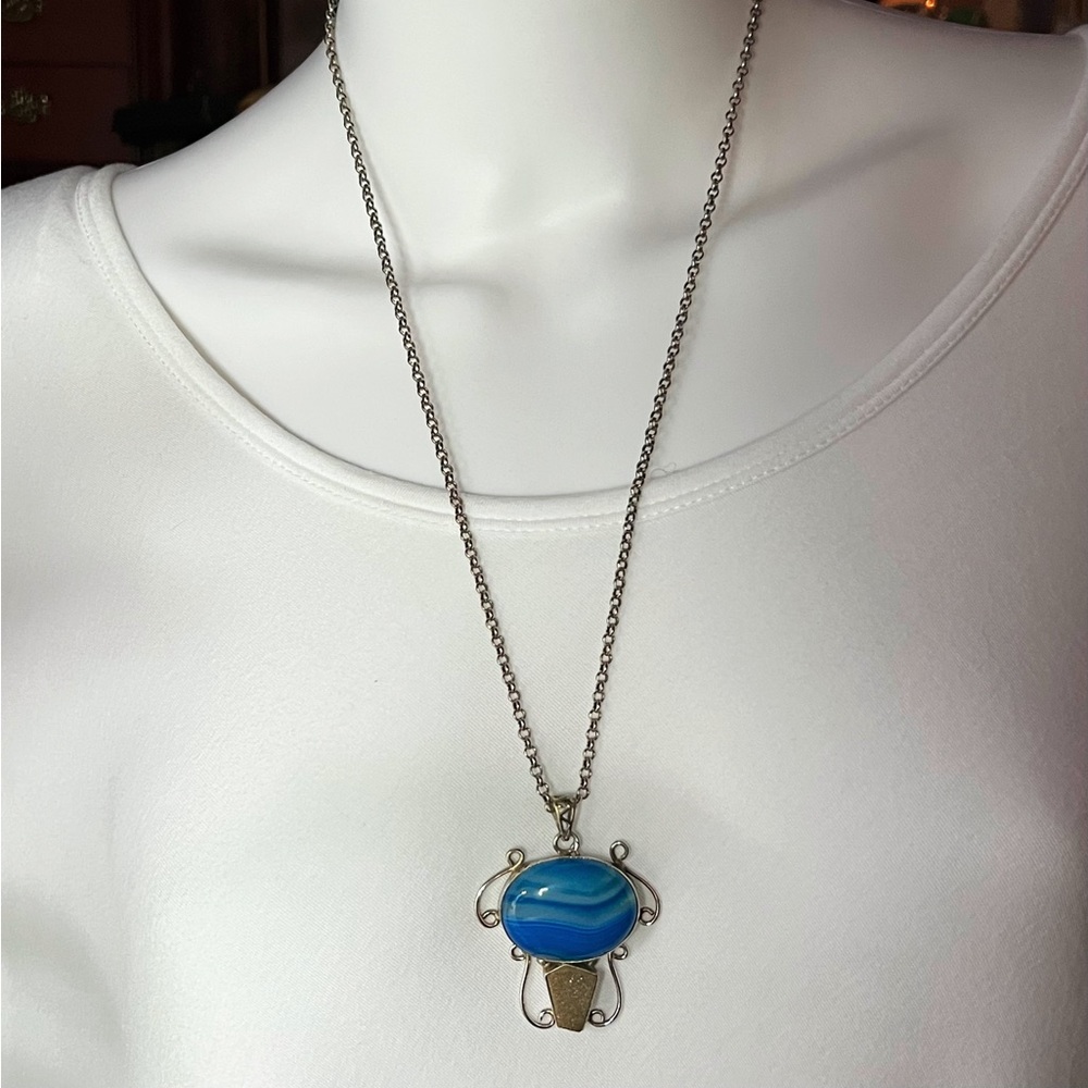 Dyed Blue Agate & Druzy Quartz 925 Sterling Pendant Necklace - Picture 5 of 6